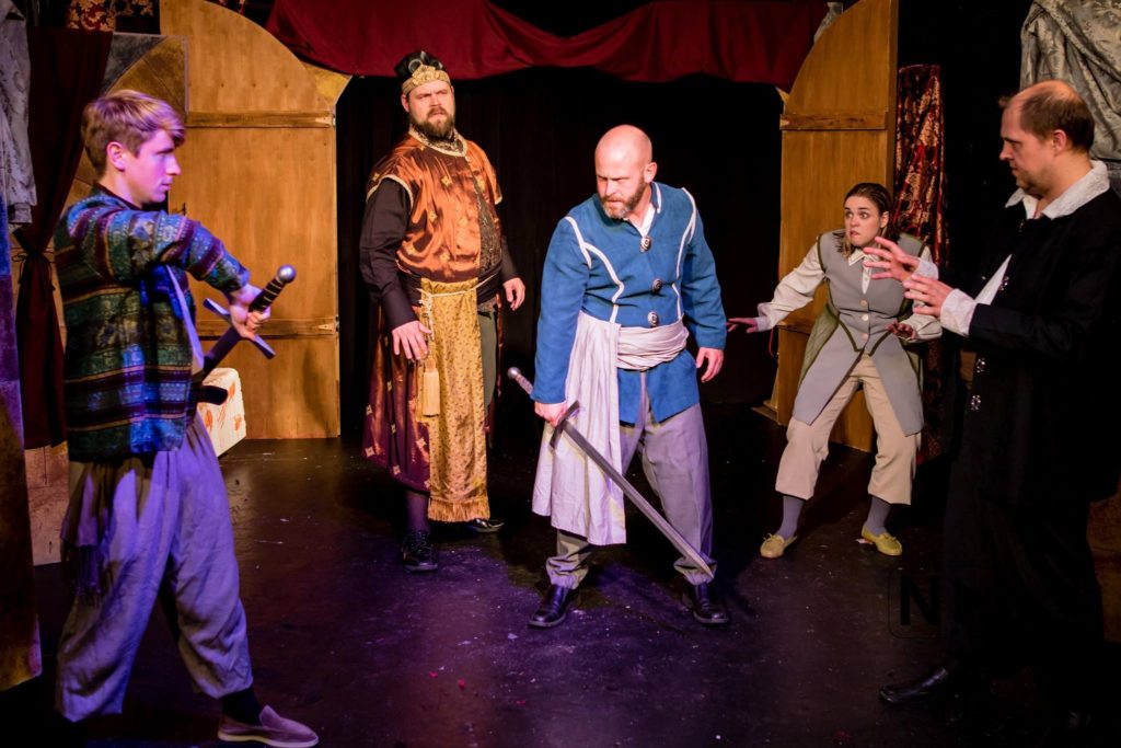 "Drugeth! Draw!" Ferenc Nadasdy (Elliot Sowards) threatens Count Drugeth (Nathan Ducker) right before the King (Joshua Carroll), Adjuct Zavodsky (Sarah Jean Tilford) and Duke Thurzo (Chris Aruffo)